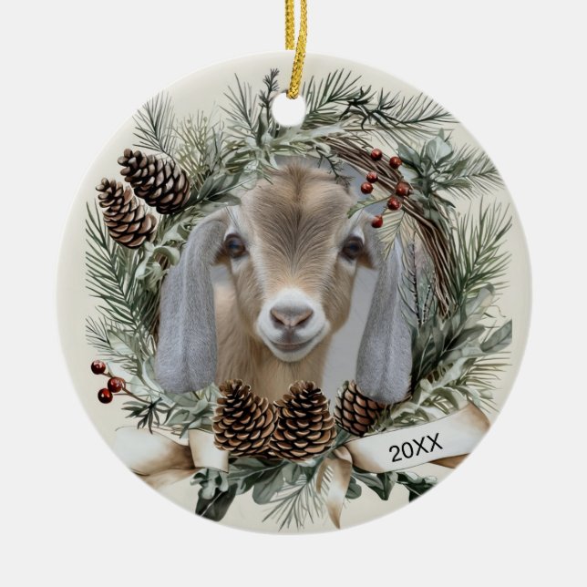 Christmas Wreath Nubian Goat  Keramik Ornament (Vorne)