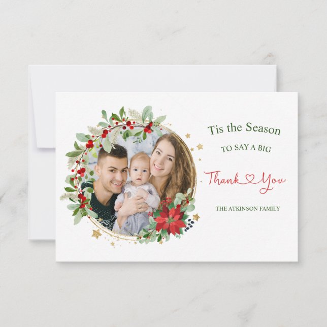 Christmas Wreath Poinsettia Foto Dankeschön Dankeskarte (Vorderseite)