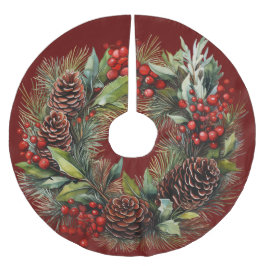 Christmas Wreath Red Berries Pine Cones Holly Polyester Weihnachtsbaumdecke