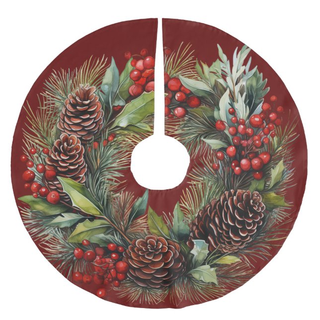 Christmas Wreath Red Berries Pine Cones Holly Polyester Weihnachtsbaumdecke (Vorderseite)