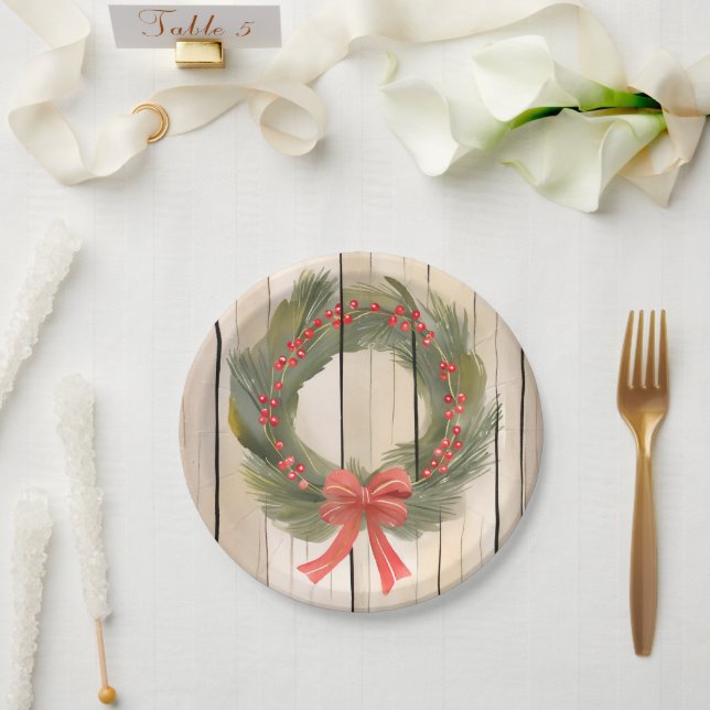 Christmas Wreath Red Bow | Hübscher Pinienwald Pappteller (Hochzeit)