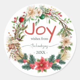 Christmas Wreath Red Joy Rustic Typography Name Runder Aufkleber