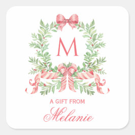 Christmas Wreath w/ Bow | Monogram Quadratischer Aufkleber