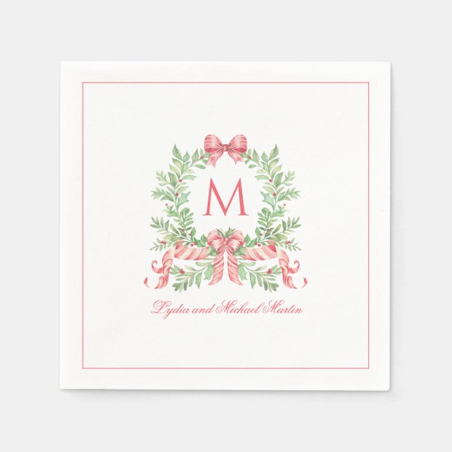 Christmas Wreath w Candy Cane Bow | Monogram  Serviette (Vorderseite)
