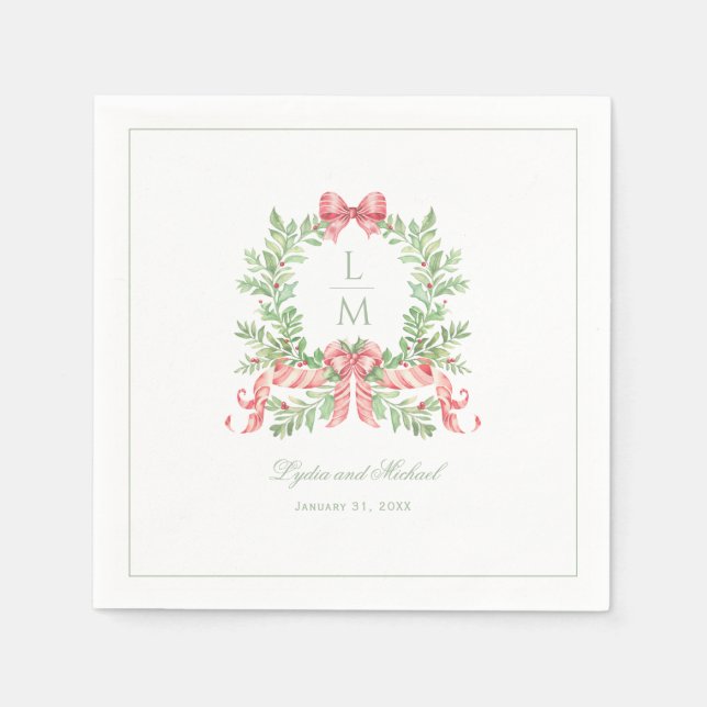 Christmas Wreath w Candy Cane Bow | Monogramm Serviette (Vorderseite)