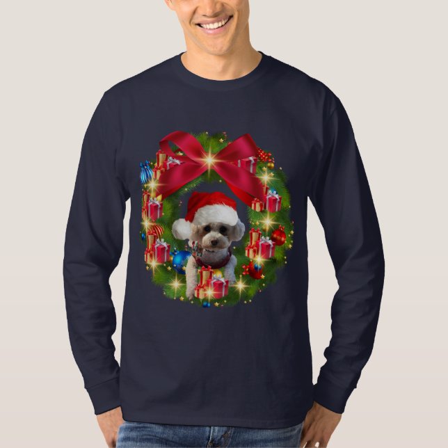 Christmas Wreath With Poodle Santa Hat T-Shirt (Vorderseite)