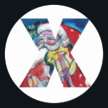 CHRISTMAS X SCHREIBEN / SANTA MIT VIOLIN MONOGRAM RUNDER AUFKLEBER<br><div class="desc">X Anfangsbuchstaben Weihnachts Monogramm Design. .Farbenfrohe,  skurrile und künstlerische Acrylmalerei , Der Weihnachtsmann spielt Geige in der schneebedeckten Winternacht , eine Eule , Blumenschmuck, Winterschmuck,  Pflanze,  Heilige Beeren in kräftigen Rot-,  Grün-,  Weiß-,  Blau- und Gelbtönen. von Bulgan Lumini (c) com</div>