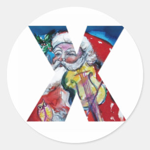 CHRISTMAS X SCHREIBEN / SANTA MIT VIOLIN MONOGRAM RUNDER AUFKLEBER