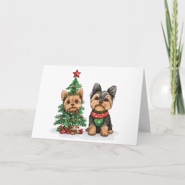 Christmas Yorkie Dogs Feiertagskarte (Vorderseite)