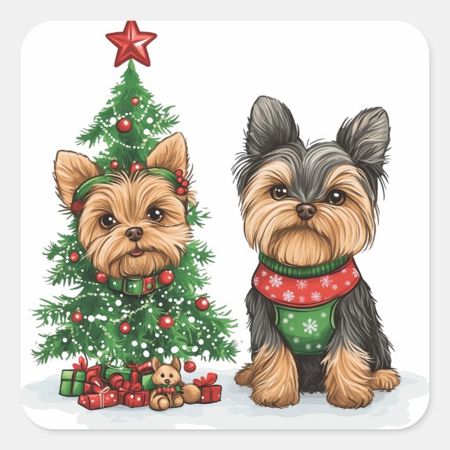 Christmas Yorkie Dogs Quadratischer Aufkleber (Vorderseite)