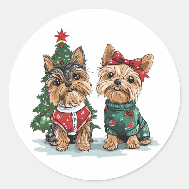 Christmas Yorkie Dogs Runder Aufkleber (Vorderseite)