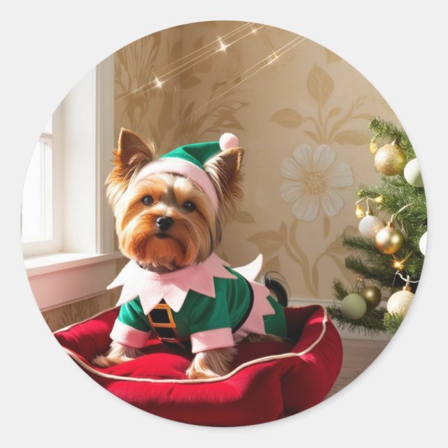 Christmas Yorkie Runder Aufkleber (Vorderseite)