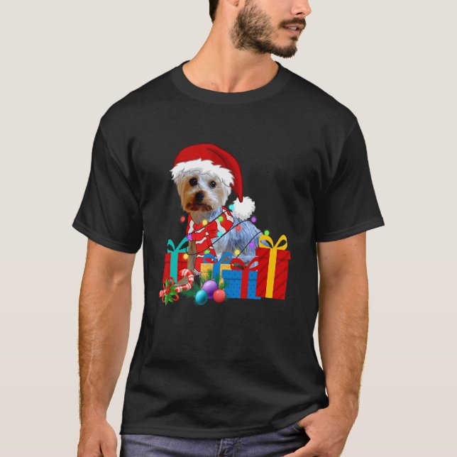 Christmas Yorkshire Terrier Dog Xmas Lights Santa  T-Shirt (Vorderseite)