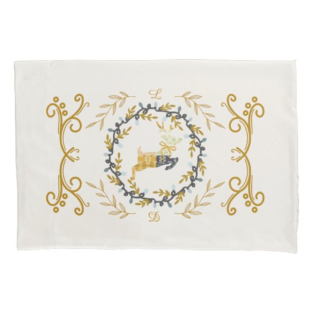 Christmastime Deer with Wreath Yellow Cream Kissenbezug (Vorderseite)