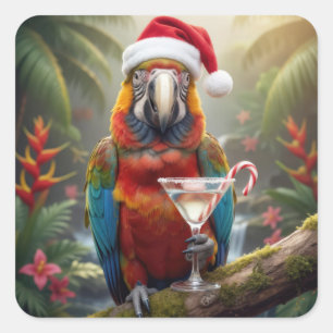 Christstollen-Papagei mit Martini-Cocktail Quadratischer Aufkleber