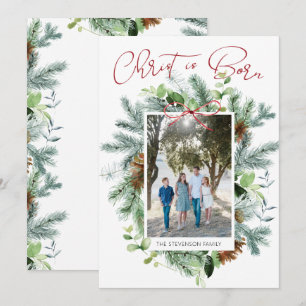 Christus ist geboren Foto Wintergrün Feiertagskarte