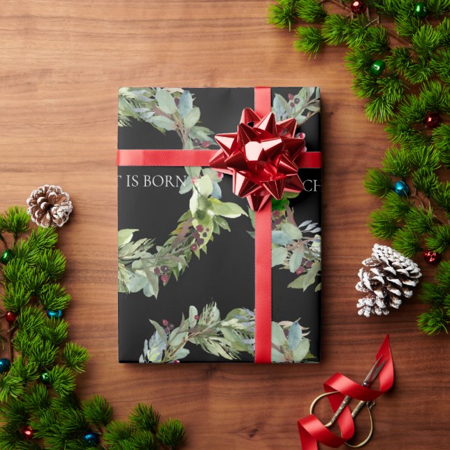 Christus ist Geborener schwarzer Weihnachtskranz Geschenkpapier (Feiertagsgeschenk)