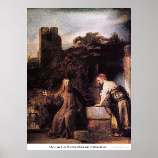Christus und die Frau Samarias von Rembrandt Poster (Vorne)