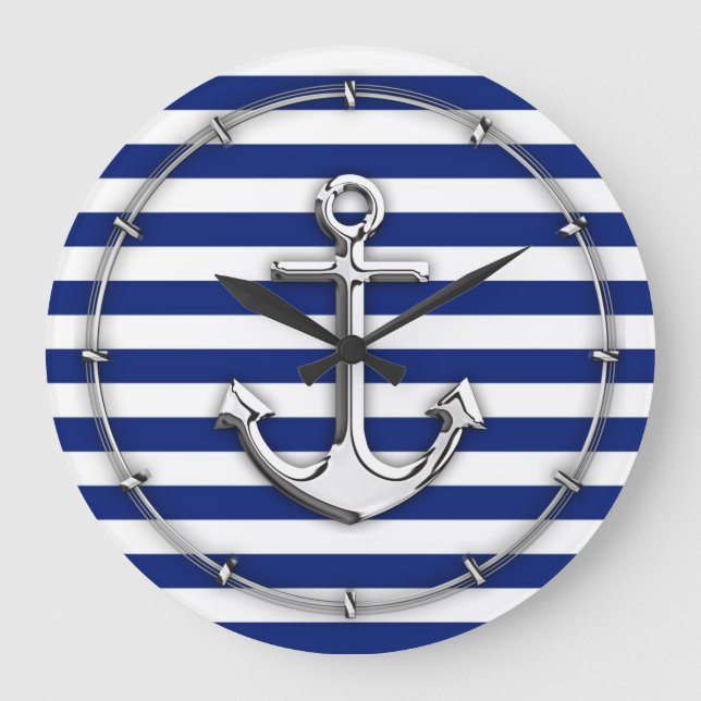 Chrom-Anker auf Marine-Streifen Große Wanduhr (Vorderseite)