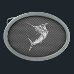 Chrom-Art-Speerfisch auf Kohlenstoff-Faser Ovale Gürtelschnalle<br><div class="desc">Ein silbernes Chrom wie Speerfischfische applique Entwurf auf einem Kohlenstofffaserart-Hintergrunddekor. Ein anzügliches modernes Seegeschenk. Ist hier eine Auswahl der feinen kundenspezifischen lässigen gestickten Baseballmützen; in einer Seeart können Sie leicht personifizieren, um sie so einzigartig zu machen, wie Sie sind. Verwenden Sie die Verbindung "fragen dieses Designers", um mit uns mit...</div>
