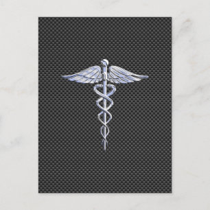 Chrom Caduceus Medizin-Symbol schwarze Kohlefaser Postkarte
