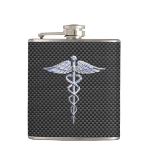 Chrom Caduceus Medizinisches Symbol schwarze Kohle Flachmann
