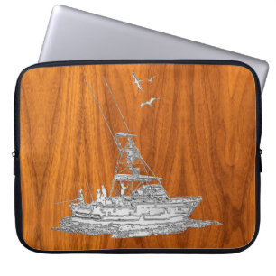 Chrom-Fischereiboot auf Teakholz-Dekor mit Holzmas Laptopschutzhülle