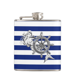 Chrom-Meerjungfrau auf Marine-Streifen Flachmann