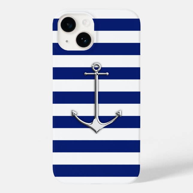 Chrom Nautical Anchor Print on Navy Stripes Case-Mate iPhone Hülle (Rückseite)