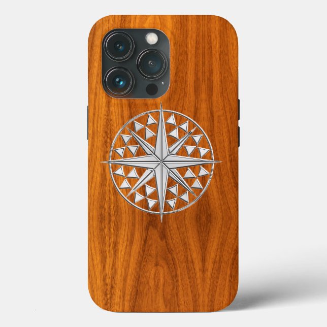 Chrom Nautical Compass auf Teak Veneer Print Case-Mate iPhone Hülle (Rückseite)