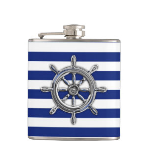 Chrom Nautical Wheel auf Navy Stripes Flachmann