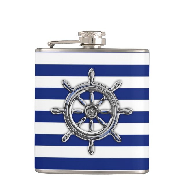 Chrom Nautical Wheel auf Navy Stripes Flachmann (Vorderseite)