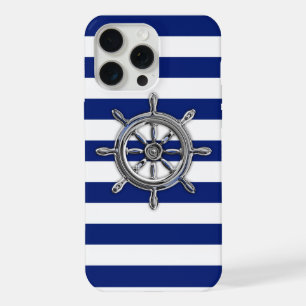 Chrom Nautical Wheel auf Navy Stripes iPhone 15 Pro Max Hülle