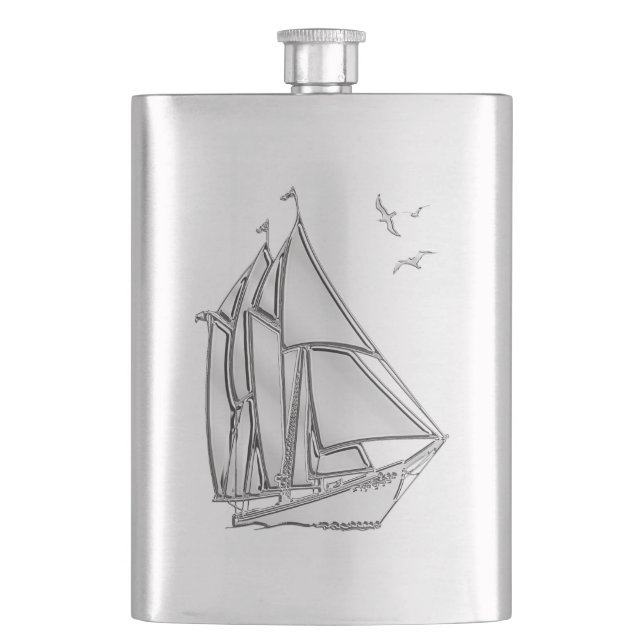 Chrom Segelboot Nautic Print Flachmann (Vorderseite)