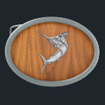 Chrom-Speerfisch auf Teakholz-Holz Ovale Gürtelschnalle<br><div class="desc">Ein silbernes Chrom wie Speerfischfische applique Entwurfsdekor. Ein anzügliches modernes Seegeschenk. Ist hier eine Auswahl der feinen kundenspezifischen lässigen gestickten Baseballmützen; in einer Seeart können Sie leicht personifizieren, um sie so einzigartig zu machen, wie Sie sind. Verwenden Sie die Verbindung "fragen dieses Designers", um mit uns mit Ihren speziellen Entwurfsanträgen...</div>