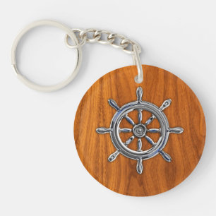 Chrom Style Nautical Wheel auf Teak Veneer Schlüsselanhänger