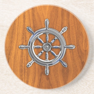 Chrom Style Nautical Wheel auf Teak Veneer Untersetzer