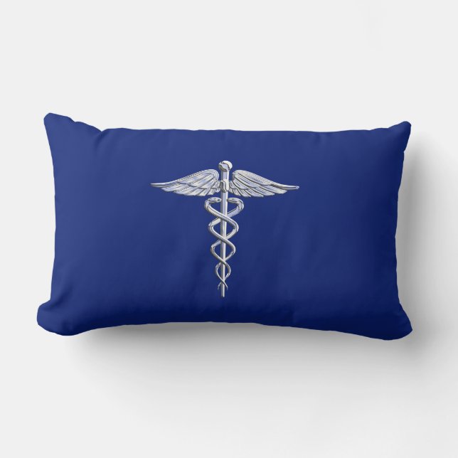 Chrom wie Caduceus Medical Symbol auf blauem Dekor Lendenkissen (Vorderseite)