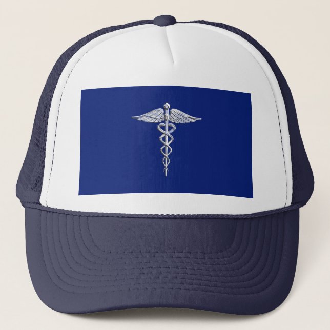 Chrom wie Caduceus Medical Symbol auf blauem Dekor Truckerkappe (Vorderseite)