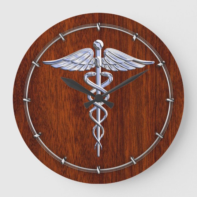 Chrom wie Caduceus Medical Symbol Mahogany Dekor Große Wanduhr (Vorderseite)