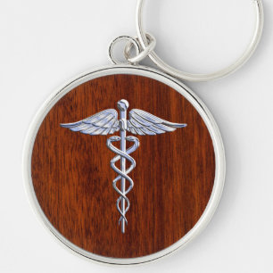 Chrom wie Caduceus Medical Symbol Mahogany Dekor Schlüsselanhänger