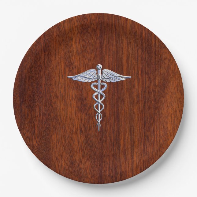 Chrom wie Caduceus Medical Symbol Mahogany Print Pappteller (Vorderseite)