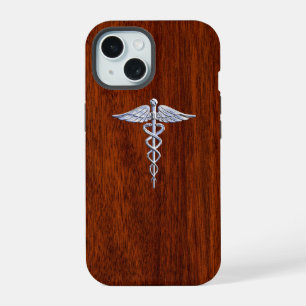 Chrom wie Caduceus Medical Symbol Mahogany Style iPhone 15 Hülle