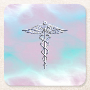 Chrom wie Caduceus Medical Symbol Mutter Perle Rechteckiger Pappuntersetzer
