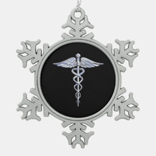 Chrom wie Caduceus Medical Symbol Schneeflocken Zinn-Ornament