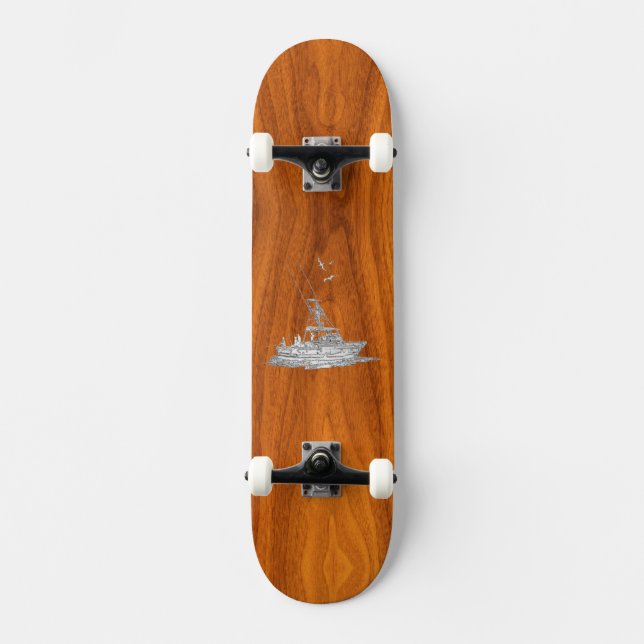 Chrom wie Fischerboot auf Teak-Holz-Dekoration Skateboard (Vorderseite)