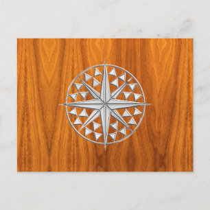 Chrom wie Nautical Compass Star auf Teak Veneer Postkarte