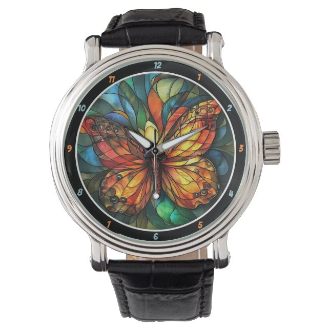 Chromatic Flight" - Stained Glass Butterfly Armbanduhr (Vorderseite)