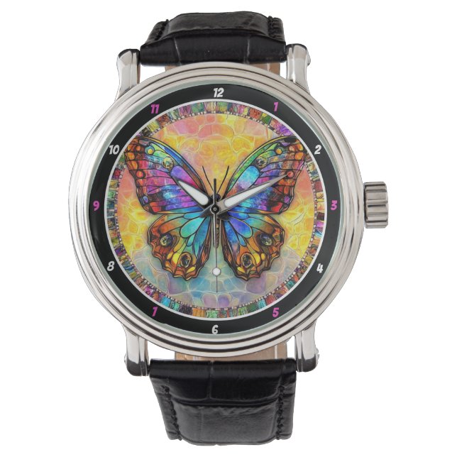 Chromatic Flutter" - Mosaic Butterfly Armbanduhr (Vorderseite)