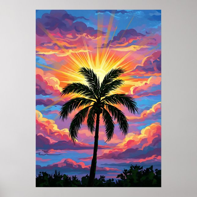 Chromatisches Palmenbaum Sonnenuntergang Poster (Vorne)